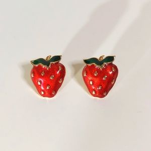 Avon Strawberry Red & Green Enamel Stud Earrings